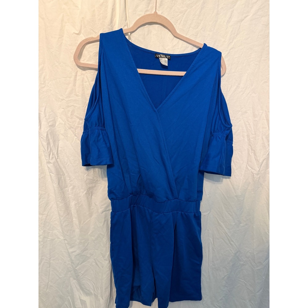 Venus Royal Blue Cold Shoulder Ruffle Sleeve Romper V-Neck Size S